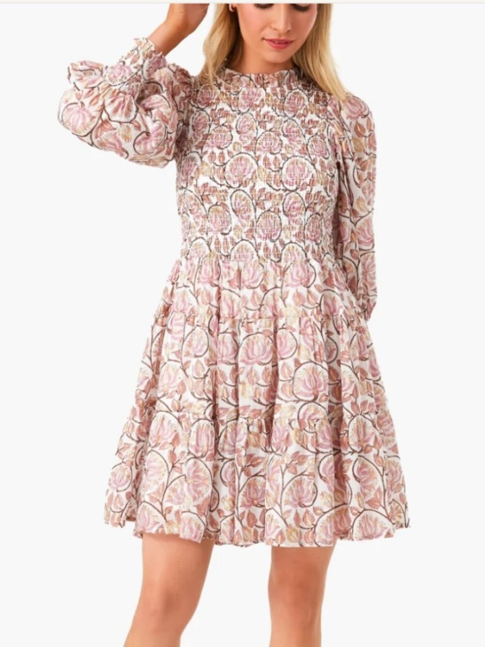Oliphant Smocked Pink/Gold Floral Long Sleeve Dress SIZE SMALL